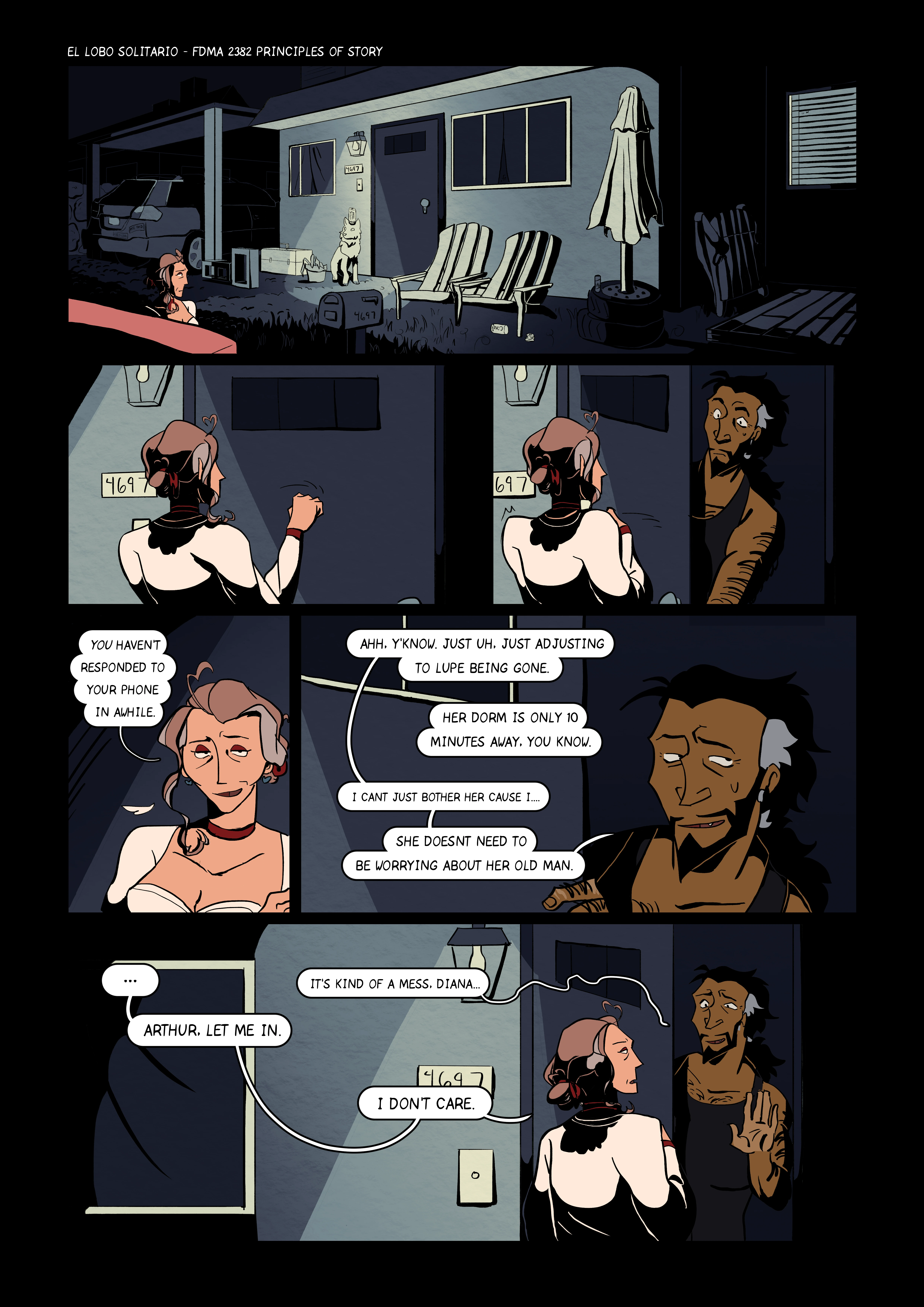 Page 1 of El Lobo Solitario - A short comic depicting a man and a woman talking about their lives.